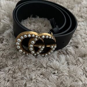 Gucci Black Belt with Gold Pearl-Studded Buckle